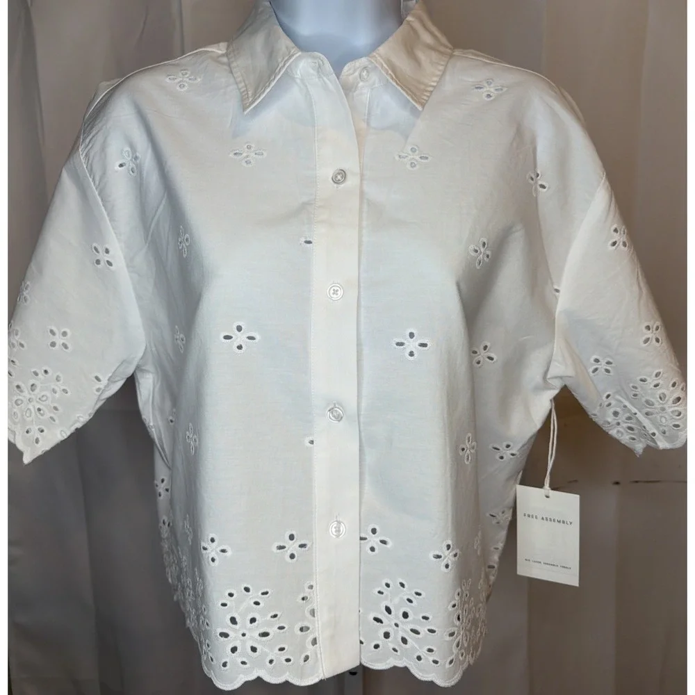 Free Assembly Women's Small Cropped Cotton Eyelet Shirt  NWT - Picture 5 of 11